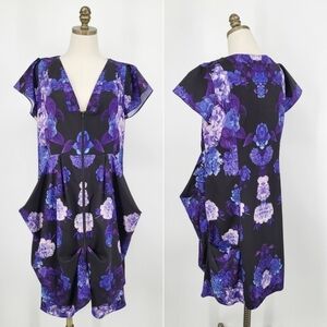 City Chic Floral Print Mini Dress Gathered Pockets Zip Up Black Purple XS 14W
